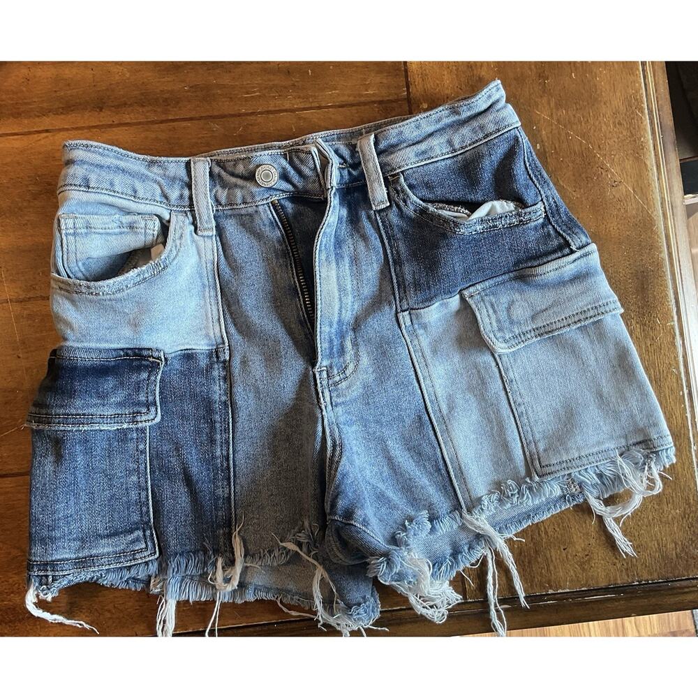 Women’s Patchwork Denim Vervet Blue Raw Hem Jean Shorts Small